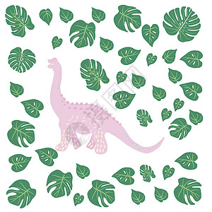 粉红色恐龙与热带叶在白色图片