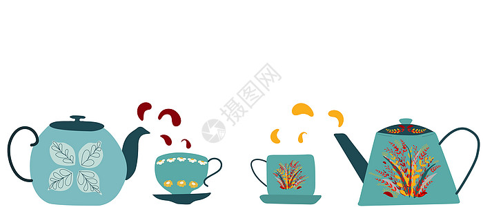 带复古茶壶和茶杯的水平边框图片