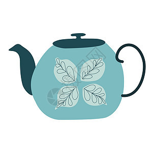 带叶子装饰的复古蓝色茶壶背景图片