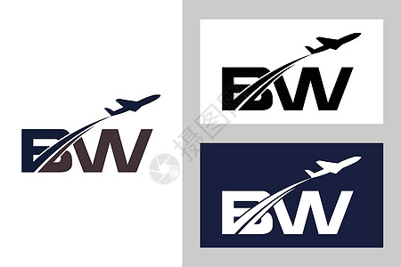 首字母 B 和 W 与航空标志和旅行标志模板飞行员喷射船运身份航班天空海滩公司货物运输图片