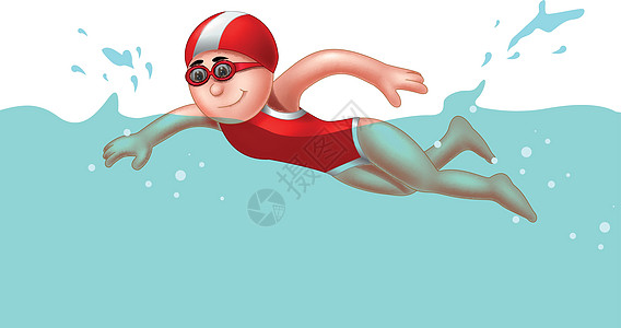 有趣的女孩在红色泳装游泳在水池卡通图片