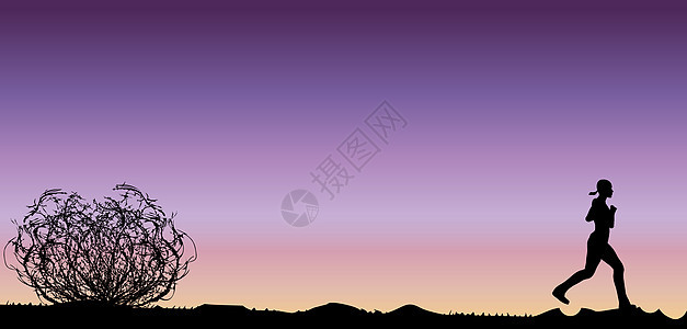 运行中牧场跑步绘画日出慢跑者日落红色天空沙漠插图背景图片