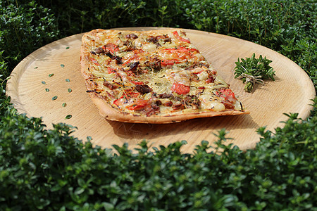 一块披萨 在百草枯田里的木板上香草胸腺午餐生长植物美食特产花园树叶香料图片