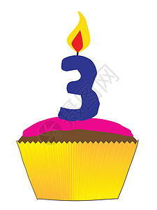 带有3号蜡烛的杯蛋糕庆典插图粉色棕色绘画生日艺术小吃糖果甜点图片