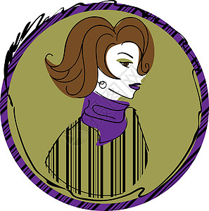 穿着条纹毛衣和紫罗兰色疤痕的波浪短发的复古女人图片