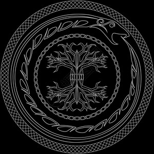 在黑色背景上的装饰圆圈中勾勒出 yggdrasil 和 ouroboros 的轮廓图片