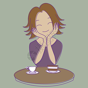 可爱的卡通女孩坐在桌边 端着蛋糕和茶或咖啡图片