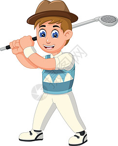 英俊的高尔夫球手男子穿着白色蓝色西装和棕色帽子与高尔夫球杆卡通图片