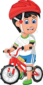 帅气的男孩在红色自行车卡通片上戴红色头盔图片