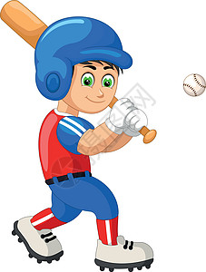 酷棒球运动员男孩在红色蓝色制服举行棒球棒卡通图片