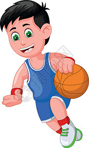 酷篮球运动员男孩在蓝色制服做运球球卡通图片