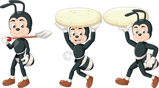 三只黑蚂蚁背着白色的大石头和铲子卡通片图片