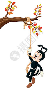 有趣的黑蚂蚁用绳子卡通爬上树枝图片