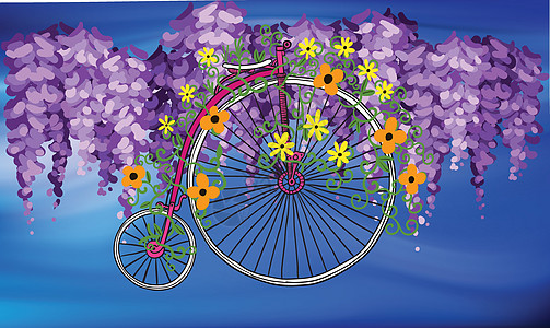 现代自行车 抽象背景和纹理树叶上的现代自行车打印蝴蝶蓝色快乐纺织品派对旅行卡通片活力风格图片