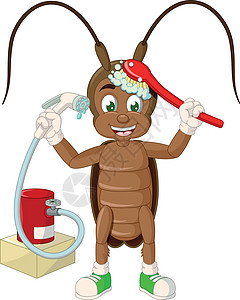 有趣的棕色蟑螂洗澡用刷子卡通图片