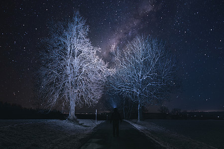 带手电筒的徒徒步旅行者月光光束乳白色男人头灯星座冒险旅行戏剧性蓝色宇宙图片