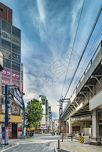 购物街的蓝色金属入口处大门商店餐厅电源线圣堂街区店铺胡同街道文字城市生活图片