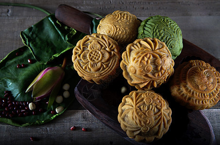 秋月蛋糕传统厨具月亮文化叶子甜点蛋黄灯笼食物庆典图片