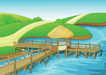 景观草地山景湖附近与棕色木码头卡通图片
