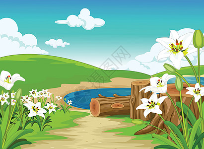 凉爽的草地山与近湖与白色常春藤花卡通图片