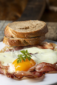 鸡蛋阳光明亮的一面火腿早餐午餐肉馅乡村厨房美食面包食物平底锅图片