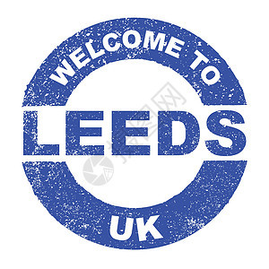 欢迎来到英国利兹Leeds UK按钮橡皮城市徽章圆形蓝色红色艺术标签插图图片