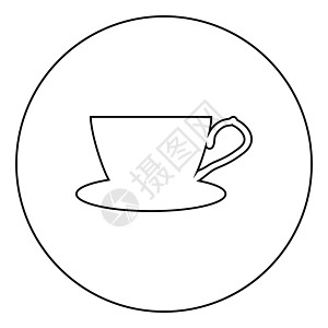 带碟形图标的茶杯圆形轮廓黑色矢量插图平面样式图像图片