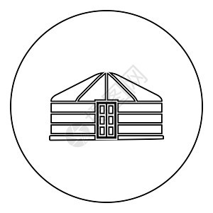 游牧民族的蒙古包便携式框架住宅与门蒙古帐篷覆盖建筑图标在圆形轮廓黑色矢量插图平面样式图像图片