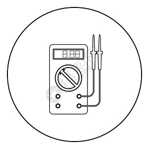 用于测量电气指示器交流直流电压安培欧姆表功率的数字万用表 带有圆圈圆形轮廓黑色矢量插图平面图像中的探针图标图片