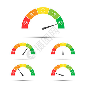 车速表评级客户满意度的矢量图示从红色到绿色 带有彩色微笑简单的转速计速度计和指示器 带有在白色背景上隔离的表情符号审查速度顾客报告测量设计图片