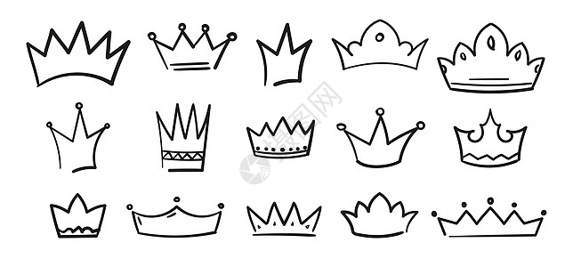 素描皇冠 手绘国王王后头饰 涂鸦皇家王冠符号集 复古纹章简单日志图片