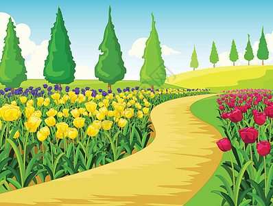 美丽的风景草地山与常春藤花卡通图片