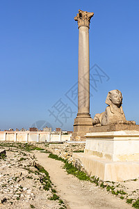 庞贝的支柱和斯芬克斯由红花岗岩制成 在塞拉皮斯寺庙废墟旁图片