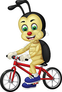 滑稽的白色黑色甲虫骑着红色自行车卡通图片