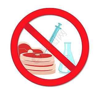 禁止肉类与基因操作合成肉 红色停止标志人造肉产品 它制作图案矢量图片
