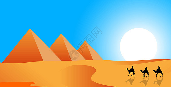 金字塔背景的骆驼骑手图片