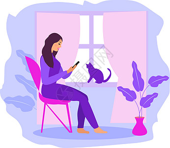 在家自由职业 女孩在靠窗的智能手机上工作 一个年轻女人坐在房子的椅子上 窗边有一只猫 它制作图案矢量咖啡自由职业者商业卡通片女士图片