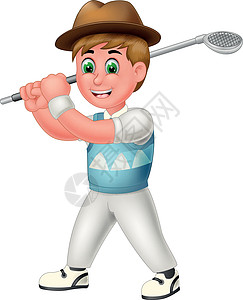 蓝色白色西装的酷高尔夫球手与高尔夫球杆和棕色帽子卡通图片