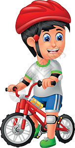 酷男孩与红色自行车和红色头盔卡通高清图片
