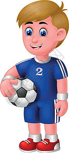 酷足球足球运动员男孩在蓝色制服与持有球卡通图片