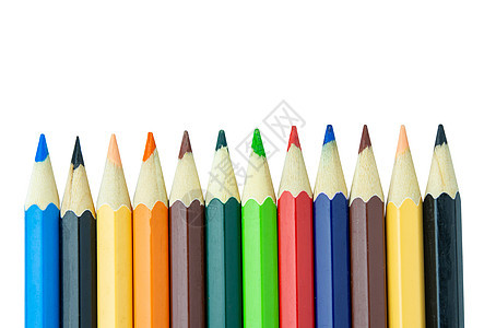 在白背景与剪切路径隔离的彩色铅笔蜡笔用品蓝色学习工具彩虹调色板木质木头摄影图片