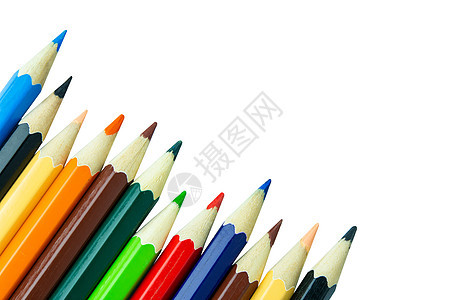 在白背景与剪切路径隔离的彩色铅笔摄影蓝色木头工艺用品书写铅笔画工具学习写作图片