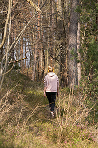 在秋天的秋天森林里跑步时听音乐的活跃运动女性的后视图 女赛跑者户外训练 户外慢跑的年轻白人女性的健康生活方式形象公园运动员活动紧图片