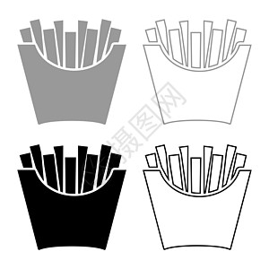 炸薯条包装纸袋炸土豆快餐桶盒小吃概念图标轮廓设置黑色灰色矢量插图平面样式图像图片