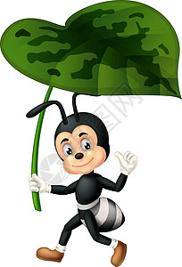 有趣的黑蚂蚁拿着绿叶卡通图片