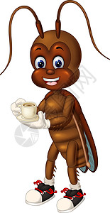 滑稽的棕色蟑螂拿着白色杯子卡通图片