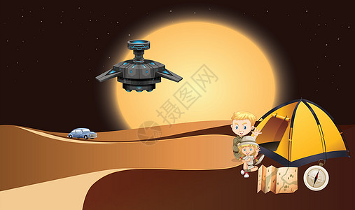 孩子们在沙漠里玩寻宝游戏天文学闲暇月亮沙漠天空团队卫星科学考古学童年图片