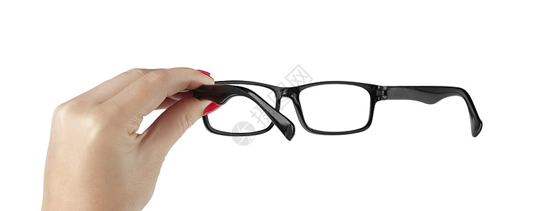 女性手持黑色眼镜 在白面包上被孤立白色女孩成人近视框架玻璃配镜师眼睛空白镜片图片