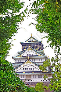 日本大阪具有历史里程碑意义的古城建筑 绿色的城堡遗产地标边界框架旅游文化历史性观光公园图片