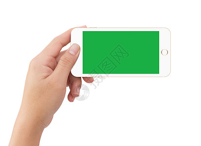 持有绿屏白电动手机的孤立左手人体左手图片